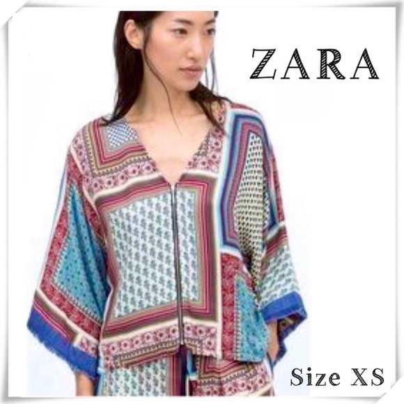 ZARA Floral Paisley Fringe Kimono Sleeve Blouse Jacket In Blue Size XS - Picture 1 of 5